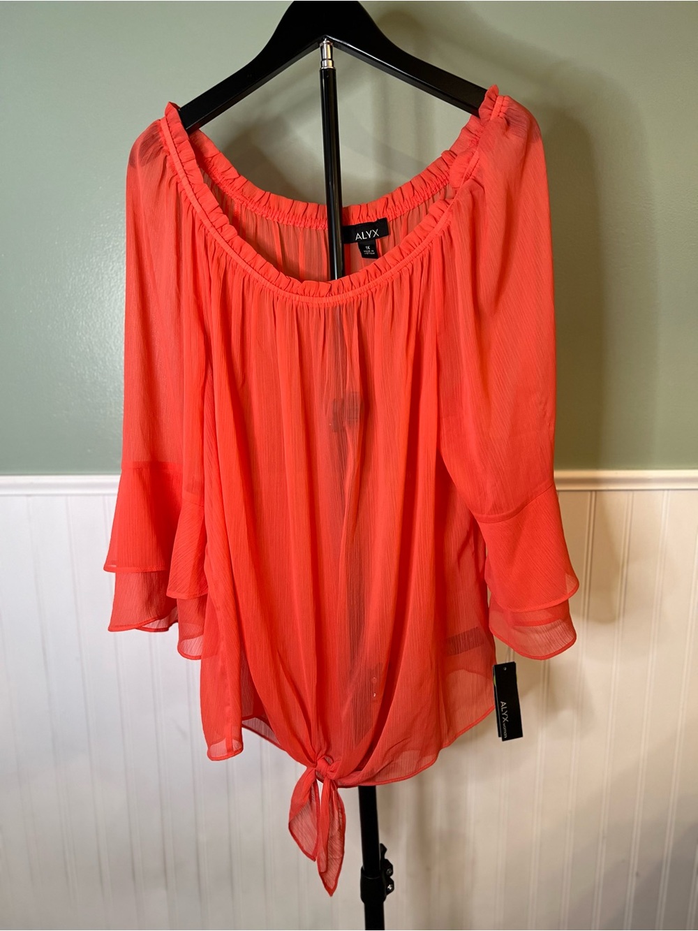 NEW- ALYX Coral Tie-Front Sheer Blouse with Double Ruffle Sleeve. Size 1X